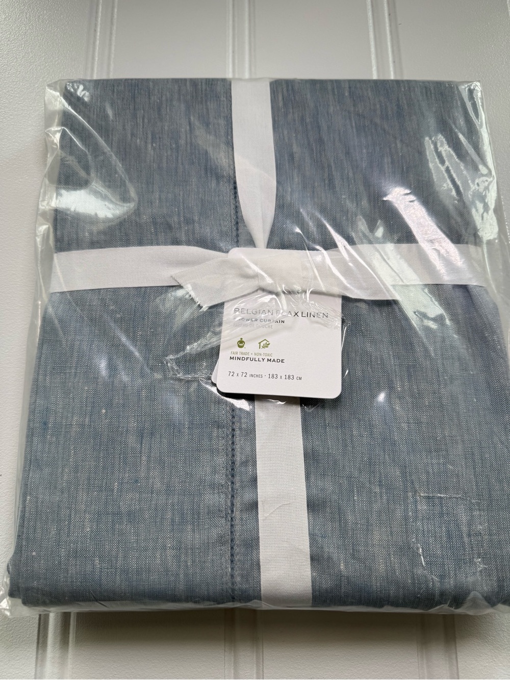 Pottery Barn Belgian Flax Linen Hemstitch Chambray Shower Curtain NEW